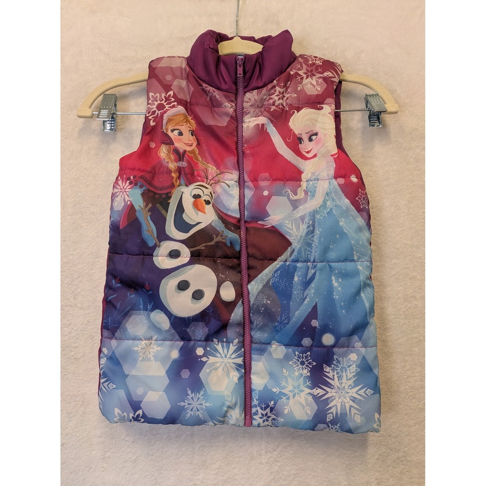 Disney Frozen Elsa Anna Olaf Puffer Vest Girls Size S Purple Zip Up Sleeveless